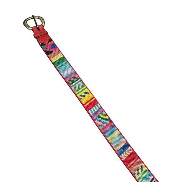 Handmade Needlepoint Belt Colorful Patchwork Abstract Red Leather Unisex - Picture 1 of 5